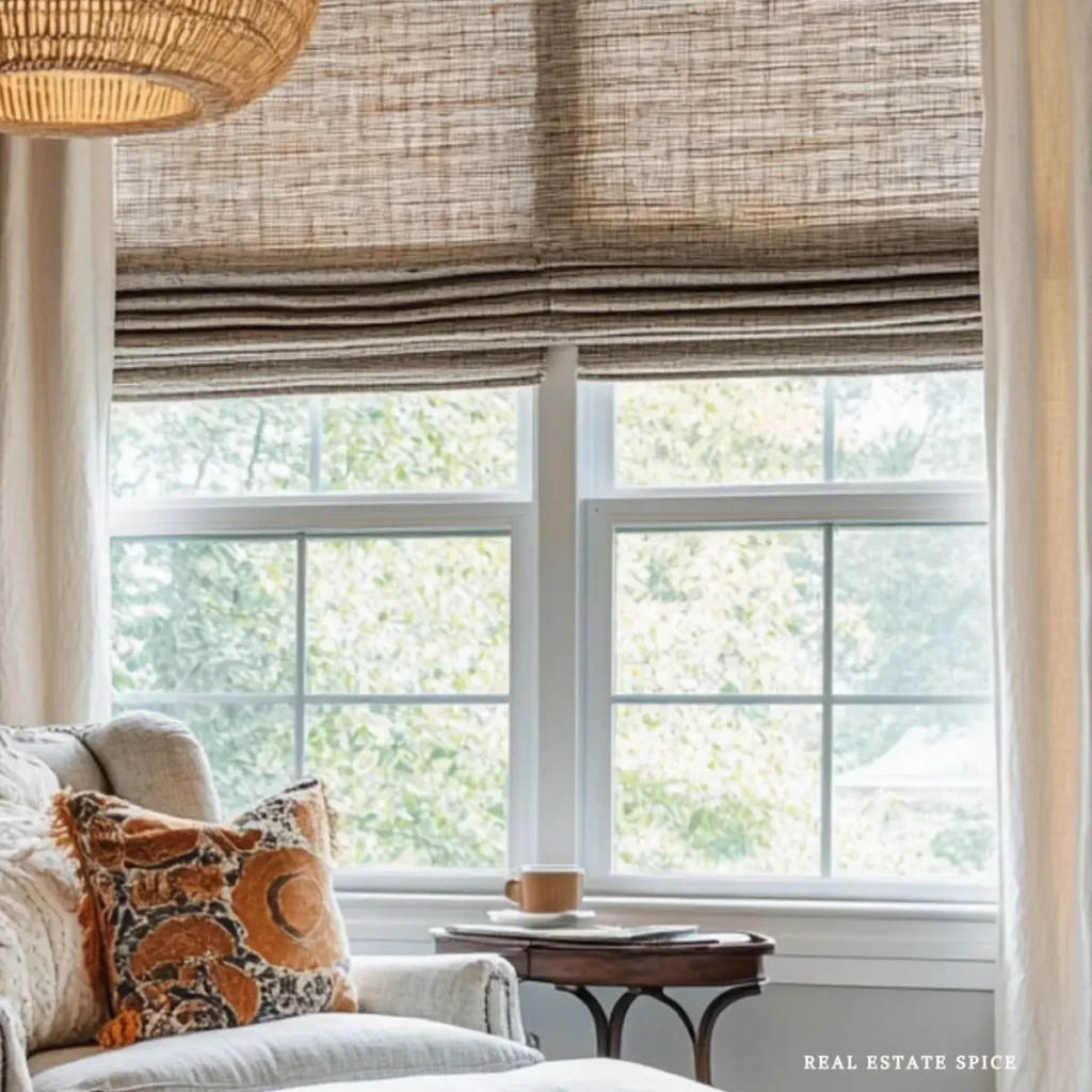 Upholstered chair with a patterned pillow beside a small round wood table and a sunny window with woven shades.