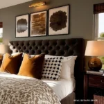 Three framed black, bronze, and cream abstract prints above a charcoal tufted bed with rust throw pillows