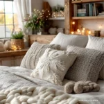 christmas bedroom with cozy bedding and throw pillow with snowflake