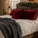 christmas bedroom with red and cream bedding wreath above bed string lights and garland on headboard