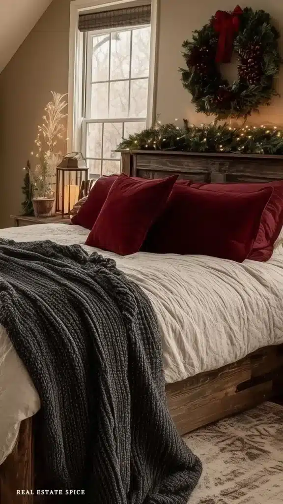 christmas bedroom with red and cream bedding wreath above bed string lights and garland on headboard