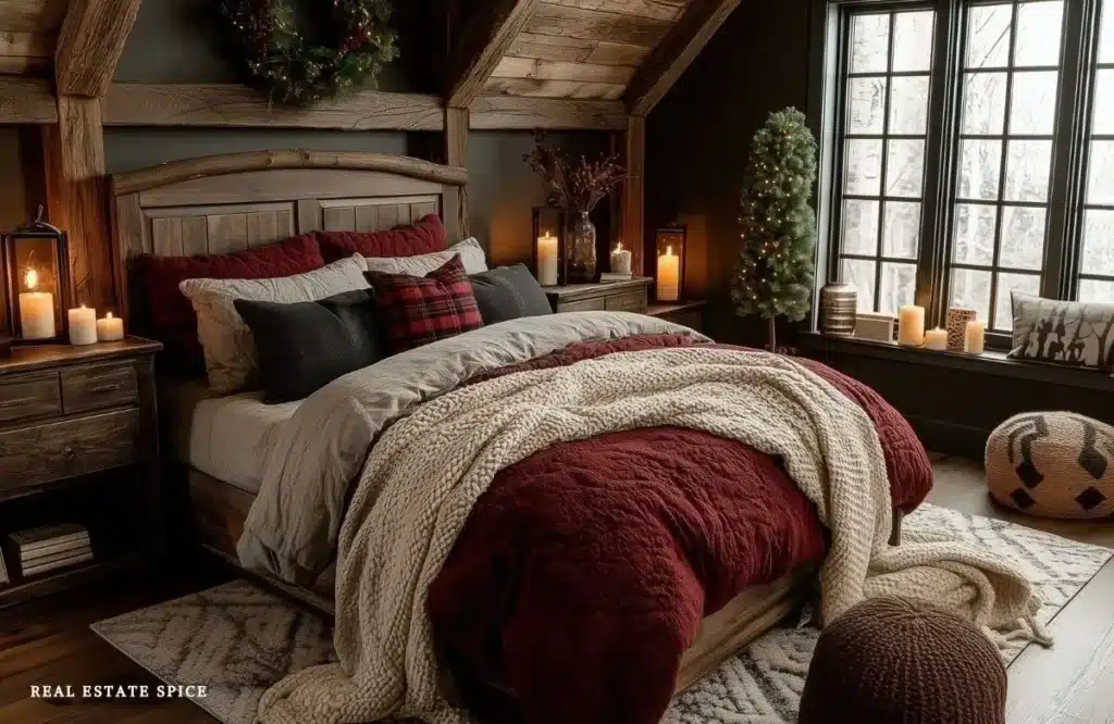 christmas bedroom with red cream and green bedding chocolate brown walls candles wreath above bed