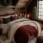 christmas bedroom with red cream and green bedding chocolate brown walls candles wreath above bed