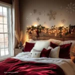christmas decorated bedroom decorated with snowflakes and snowflakes above the headboard