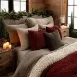 christmas decorated bedroom with burgundy green and cream accents. garland above headboard