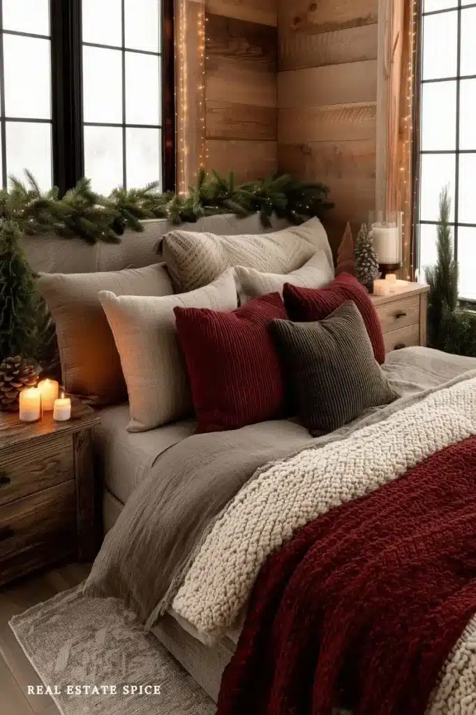 christmas decorated bedroom with burgundy green and cream accents. garland above headboard
