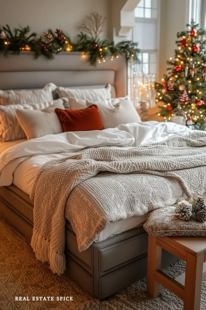 christmas decorated bedroom with garland above headboard and christmas tree in the corner