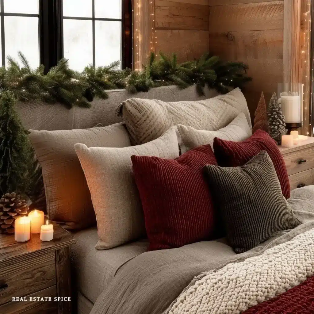 christmas decorated bedroom with garland on headboard