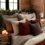 christmas decorated bedroom with garland on headboard