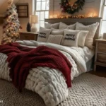 christmas decorated bedroom with tree in corner wreath above bed soft light garland above bed throw pillows says merry christmas white and red bedding bottle trees on night stands