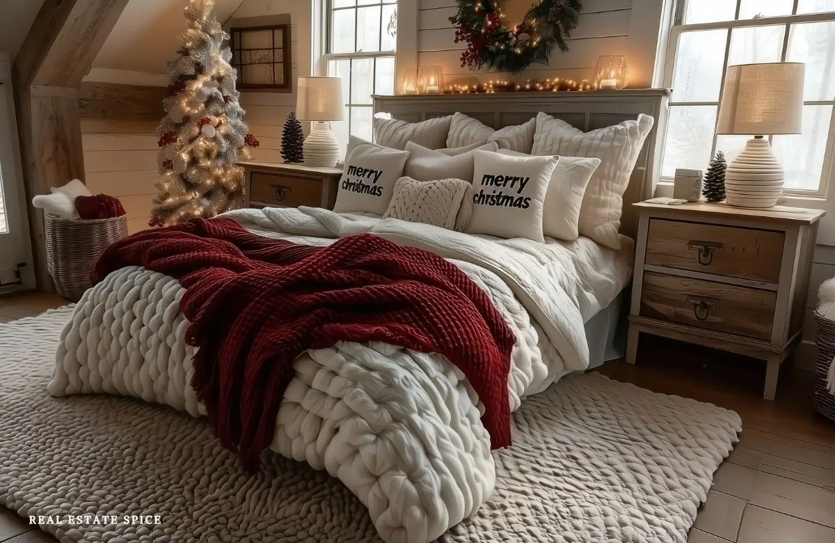christmas decorated bedroom with tree in corner wreath above bed soft light garland above bed throw pillows says merry christmas white and red bedding bottle trees on night stands