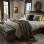 christmas decorated bedroom wreath above bed bench at end of bed christmas tree in corner