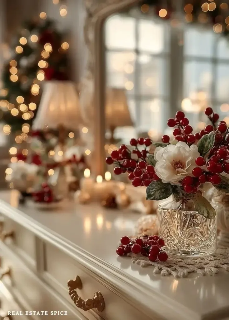 christmas decorated dresser in bedroom
