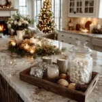 christmas decorated kitchen island with mugs of cocoa chocolate and christmas decor on a tray
