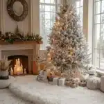 christmas decorated living room in neutral colors
