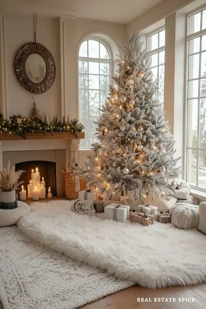 christmas decorated living room in neutral colors