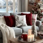 christmas decorated living room window flanked with curtains