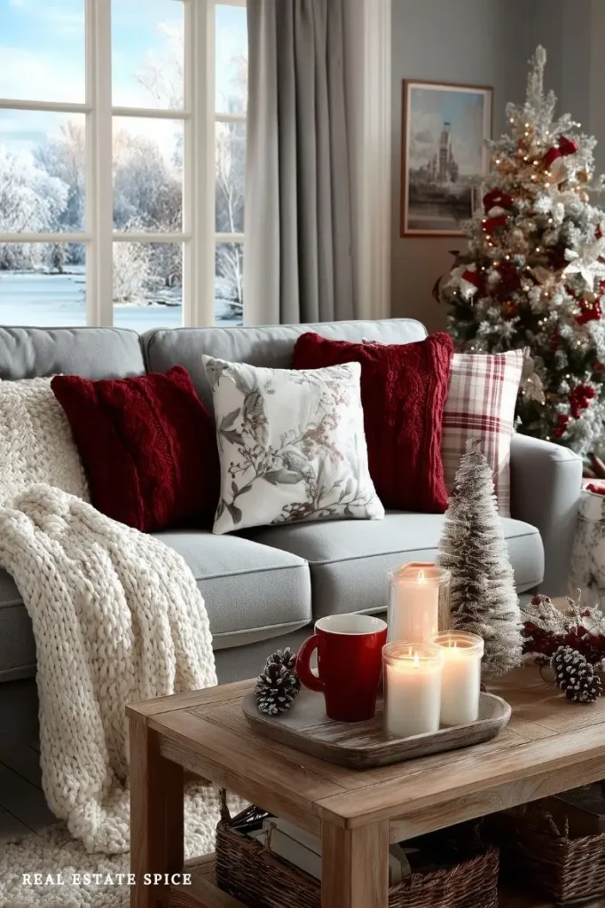 christmas decorated living room window flanked with curtains