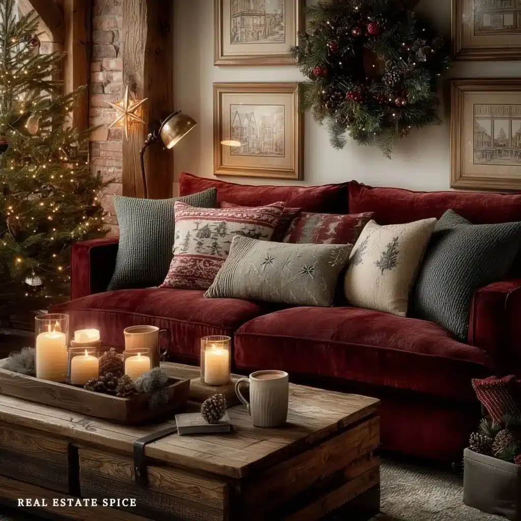 christmas decorated living room with coffee table mugs of coffee on it with tray with christmas decor and candles