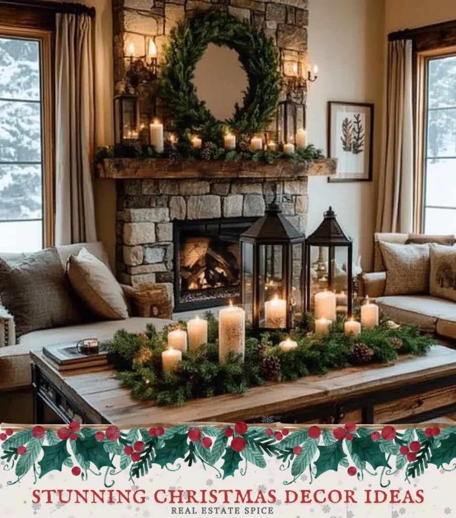 christmas decorated living room with lanterns candles wreath above fireplace green garlands