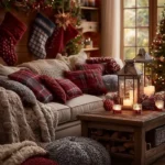 christmas decorated living room with layered lighting string lights lanterns candles dimmed lighting beautiful twilight setting