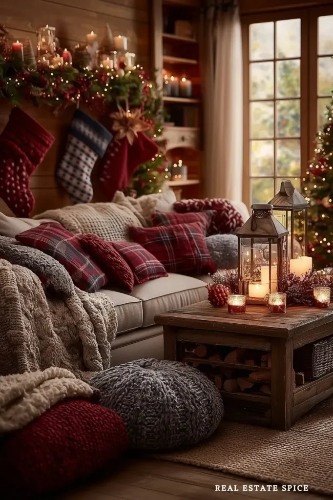 christmas decorated living room with layered lighting string lights lanterns candles dimmed lighting beautiful twilight setting