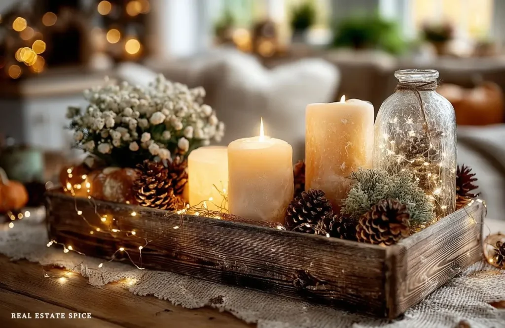 christmas decorations candle frosted greenery string lights pinecones in a wood tray on a coffee table in a home