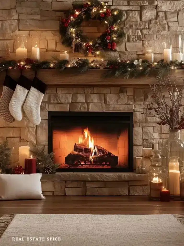 christmas living room with candles string lights wreath lit fireplace in the evening