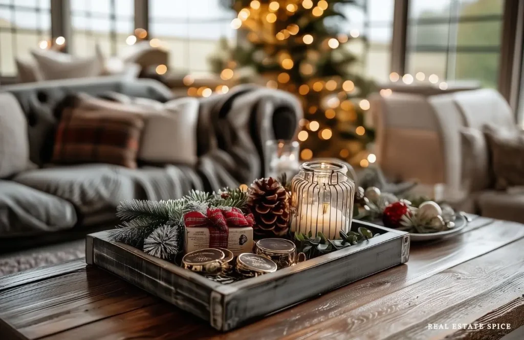 christmas living room with christmas decor on coffee table and christmas tree in background