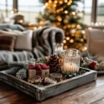 christmas living room with christmas decor on coffee table and christmas tree in background