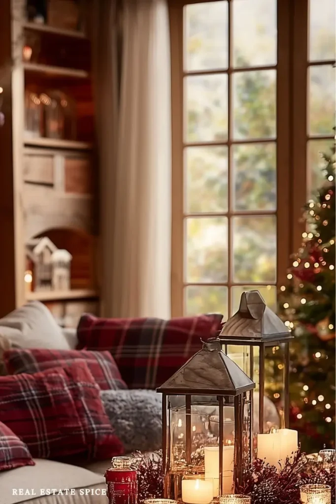 christmas living room with windows 