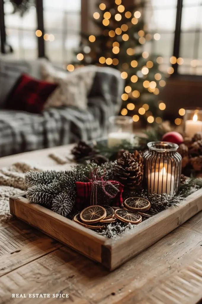 christmas tray on coffee table in living room christmas decorations in living room