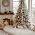 christmas tree cream color living room cozy rugs candles in fireplace