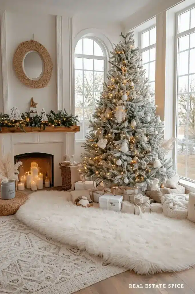 christmas tree cream color living room cozy rugs candles in fireplace