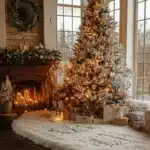 christmas tree decorated with a cozy style in cozy living room with candles greenery christmas tree lit with gifts under tree