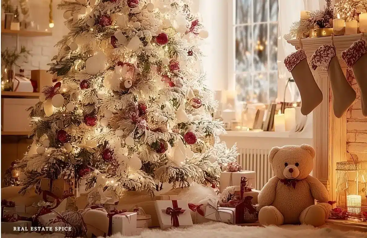 christmas tree with decorations teddy bear christmas stockings christmas decorations