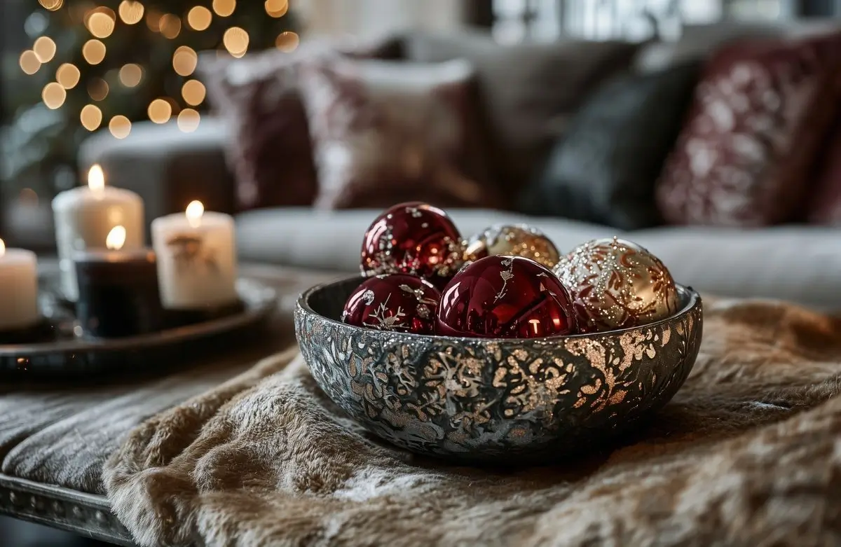 coffee table with christmas decor on it