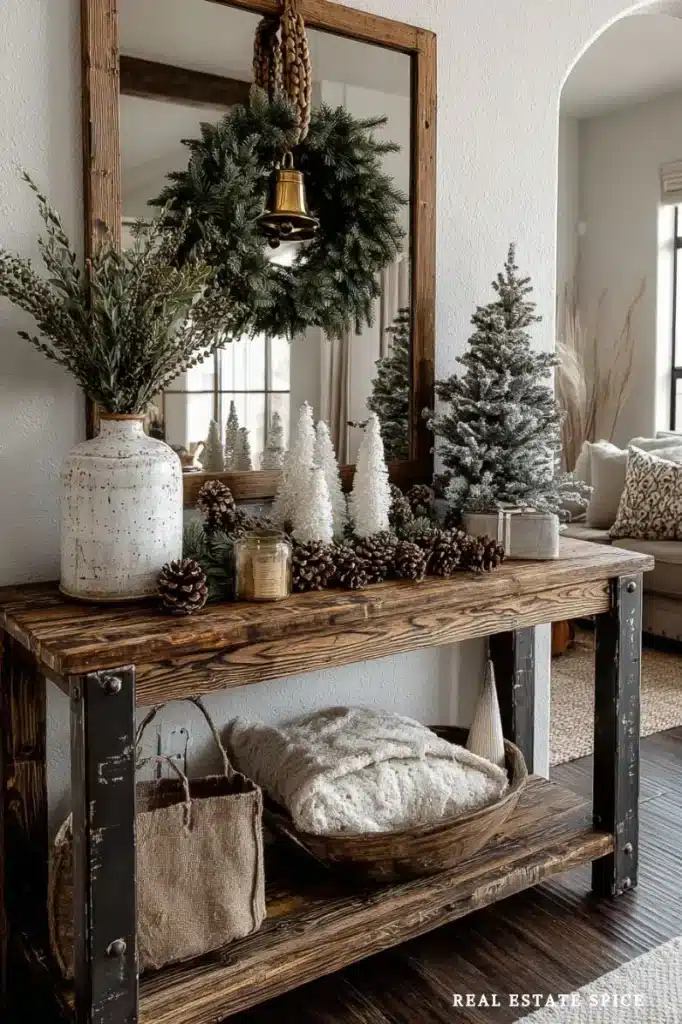 console table decorated for christmas with green and white christmas decor accents