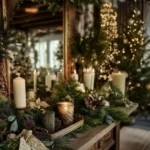 console table with mirror above and floating shelf above it with garland and christmas decor console table decorated with candles pinecones garlands ribbons