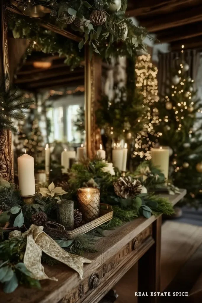 console table with mirror above and floating shelf above it with garland and christmas decor console table decorated with candles pinecones garlands ribbons