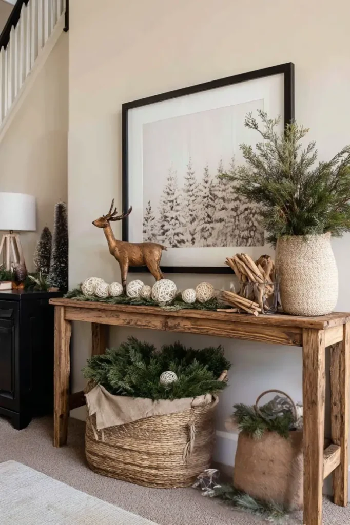 console table with winter decor