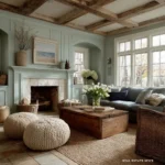 cottage living room with mint green colored walls