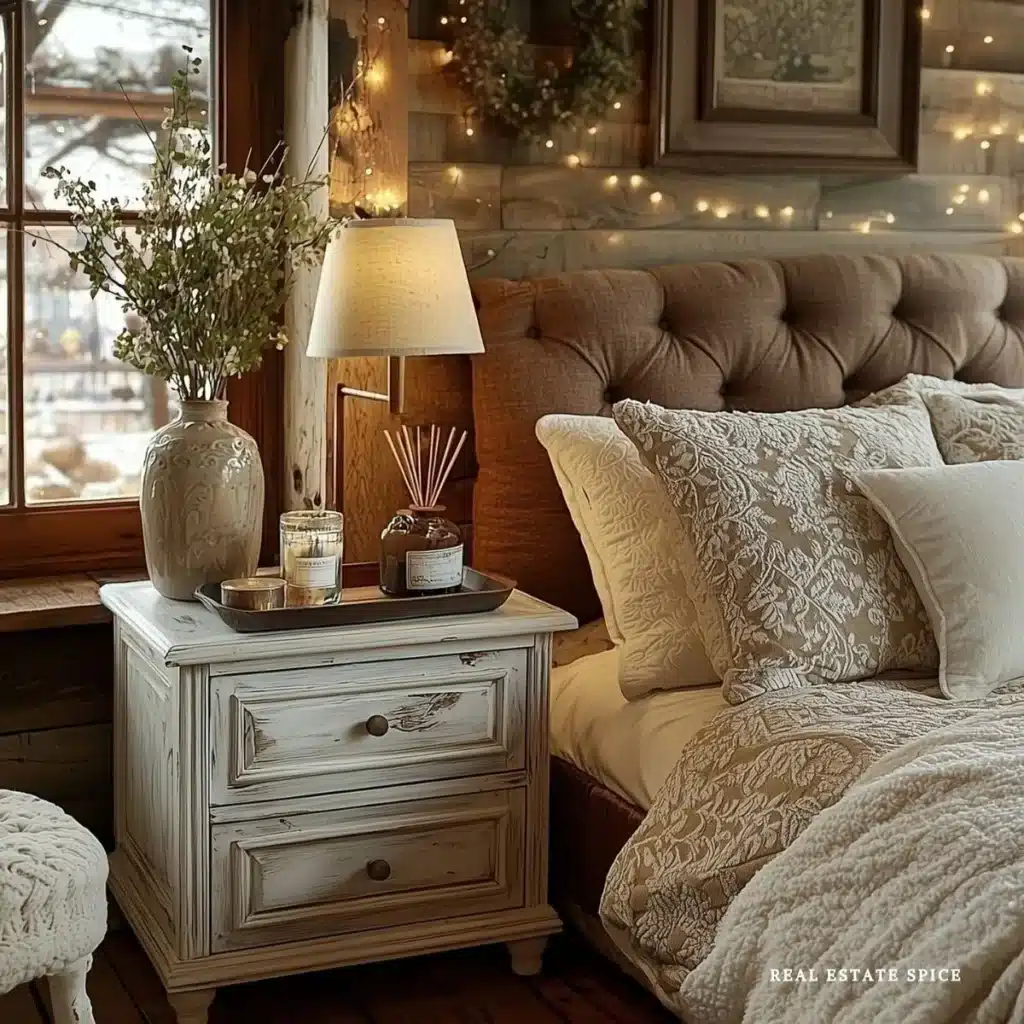cozy bedroom decorated for winter with string lights and and accent pieces