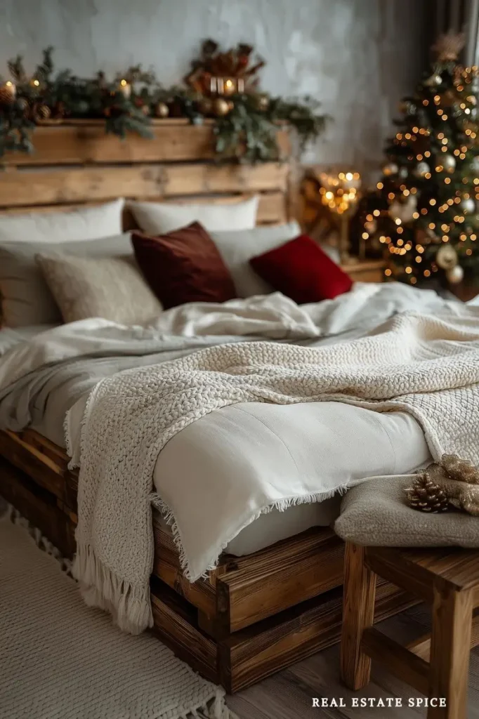 cozy bedroom decorated in christmas decor