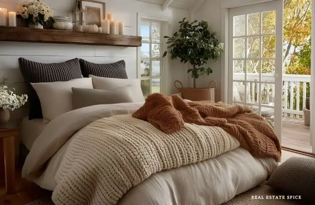 cozy bedroom fall with layered bedding candles