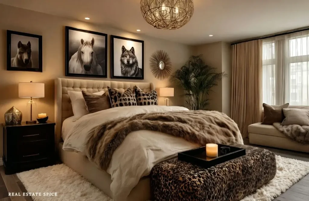 Bedroom with an upholstered bed, layered neutral bedding, faux fur throw, framed animal art, leopard bench, warm lamps, and a window seat