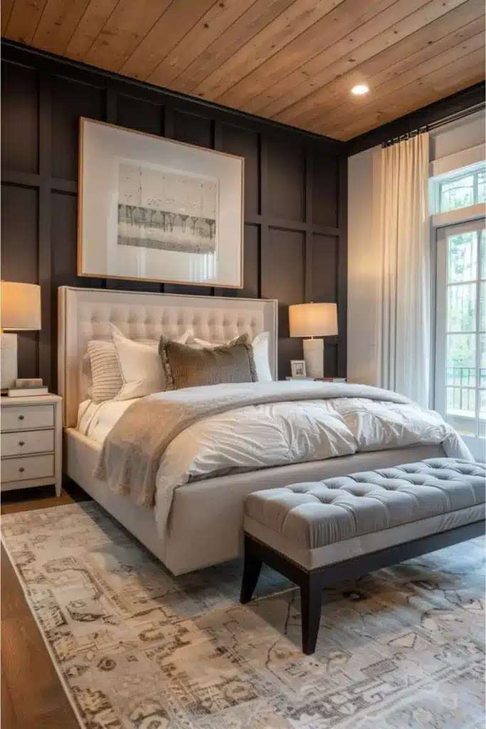 cozy bedroom with bed neutral accent colors table lamps tufted headboard curtains board and batten dark wall behind bed