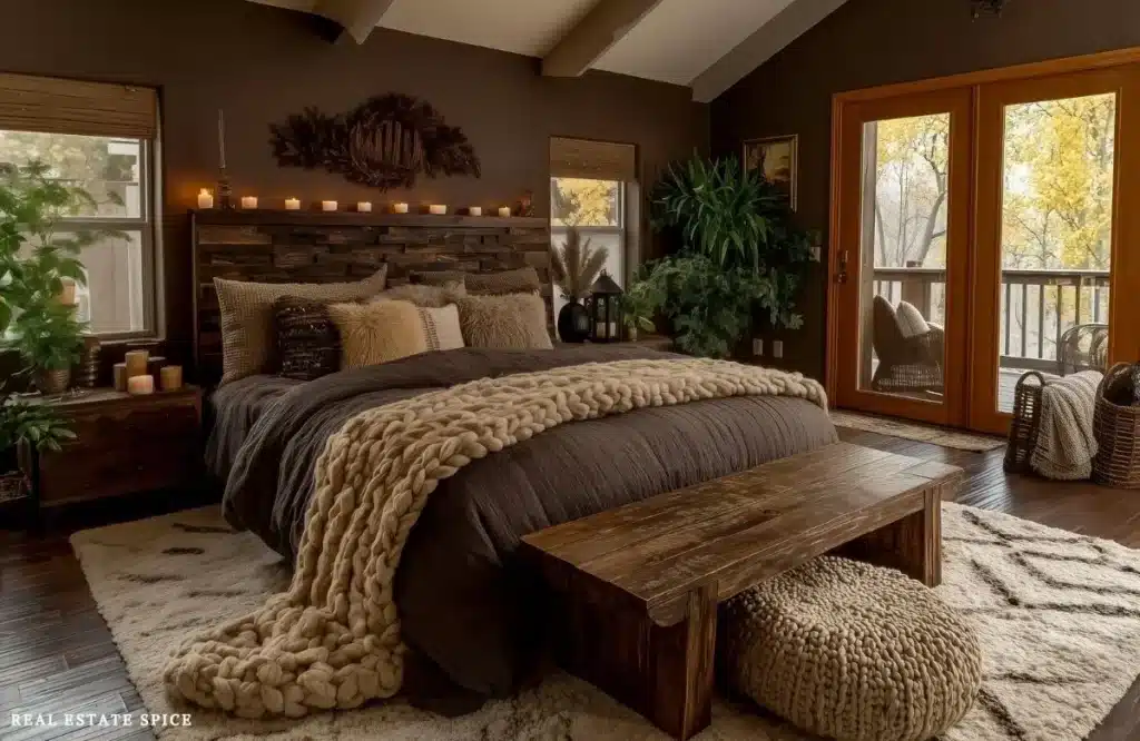 cozy bedroom with brown walls brown bedding with beige throw brown and beige throw pillows