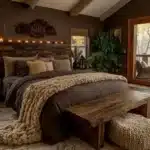 cozy bedroom with brown walls brown bedding with beige throw brown and beige throw pillows