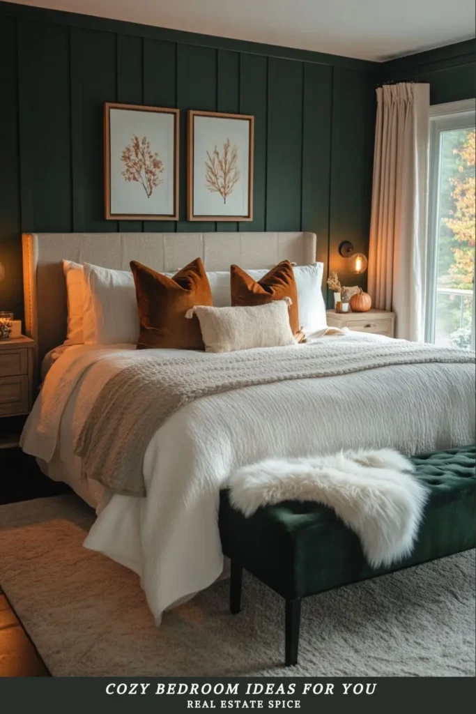 cozy bedroom with dark green wall bench neutral color accents cream colored bedding with throw pillows wall art curtains night stand wall sconce below says cozy bedroom ideas for you
